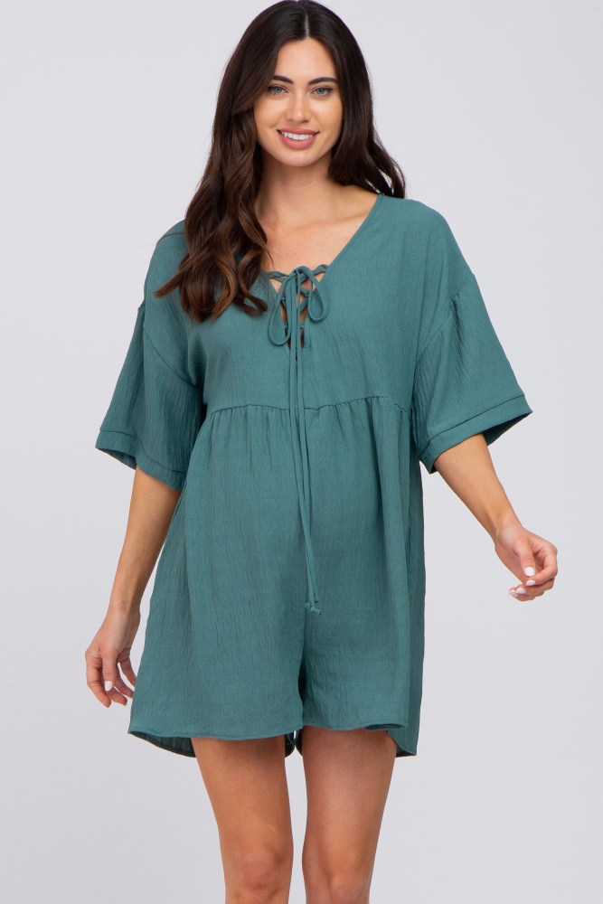 Teal Lace Up Maternity Romper