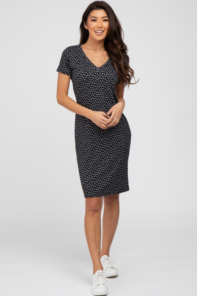 black ditsy floral v-neck dress