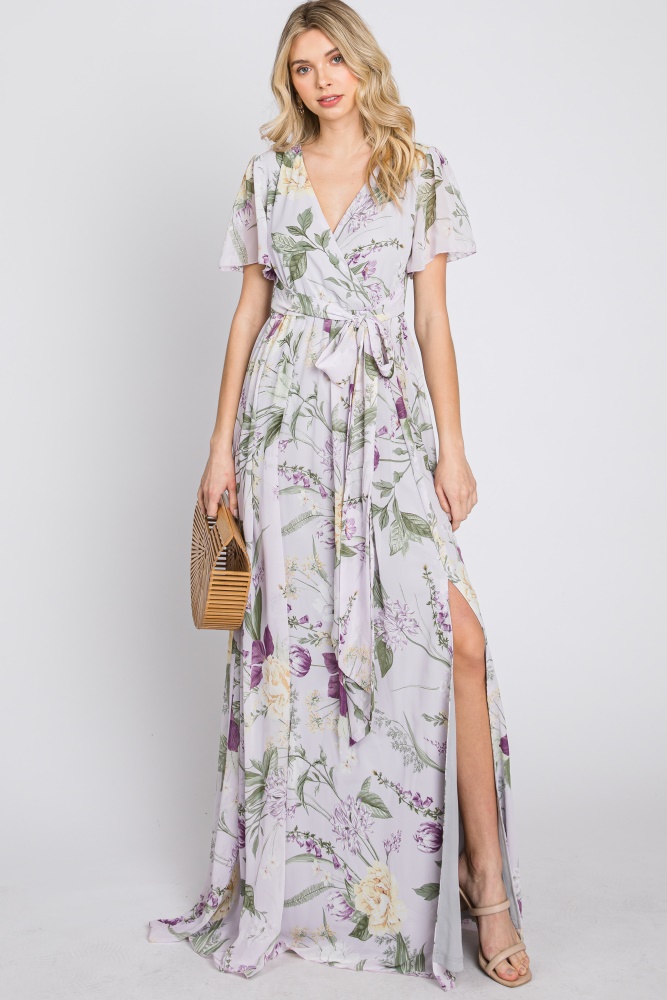 Lavender Floral Chiffon Short Sleeve Maxi Dress