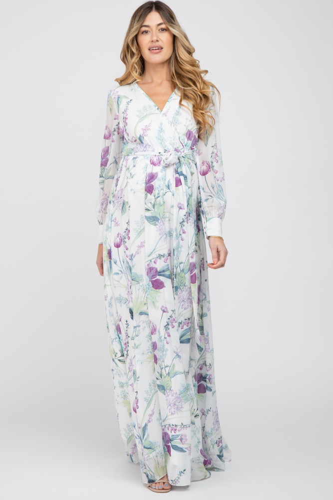 white floral chiffon long sleeve pleated maternity maxi dress