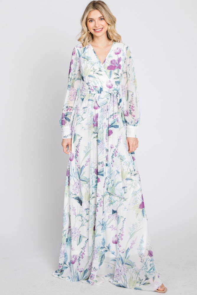 white floral chiffon long sleeve pleated maxi dress