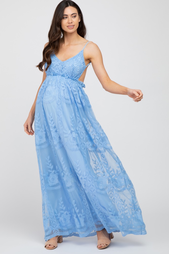 PinkBlush Light Blue Lace Mesh Overlay Maternity Maxi Dress