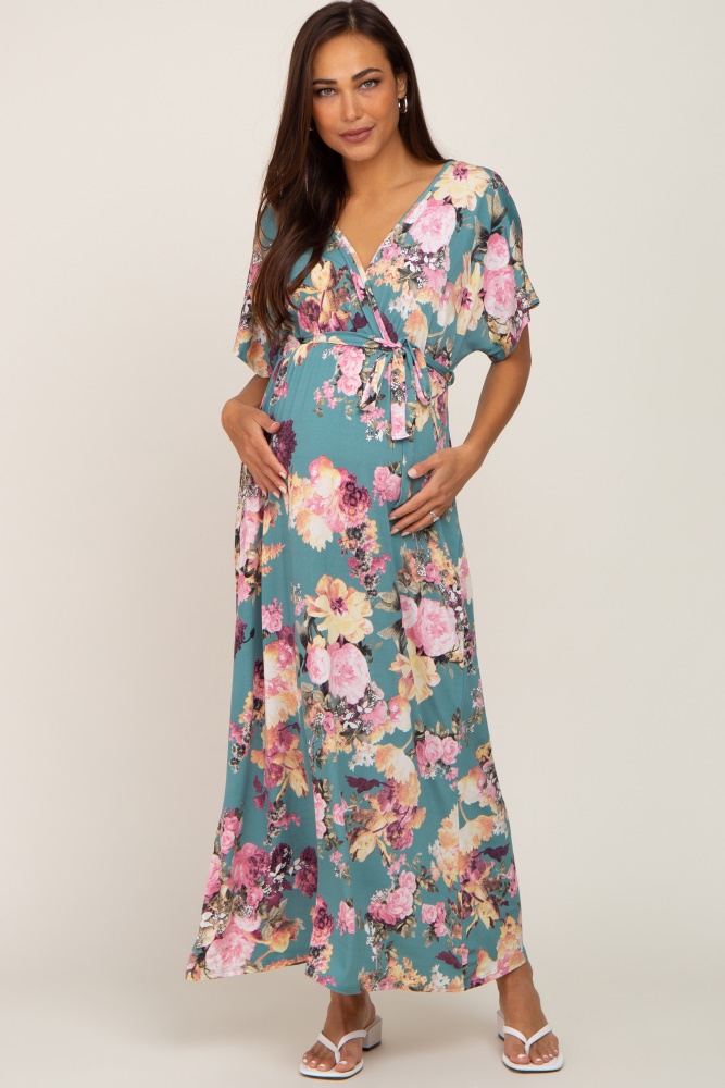 jade floral wrap front waist tie maternity maxi dress