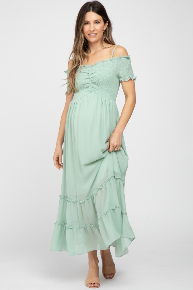 mint green smocked ruffle off shoulder maternity maxi dress