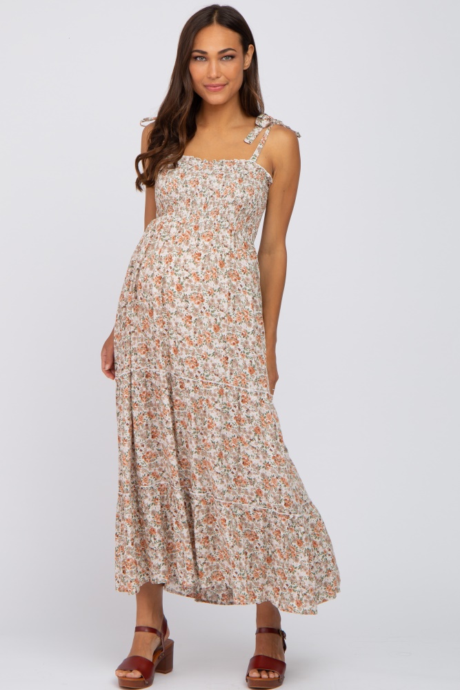 beige floral sleeveless tiered maternity maxi dress