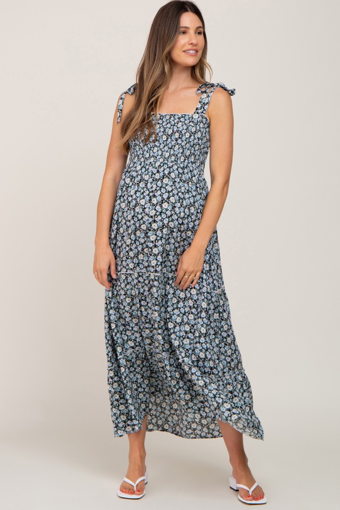 black floral sleeveless tiered maternity maxi dress