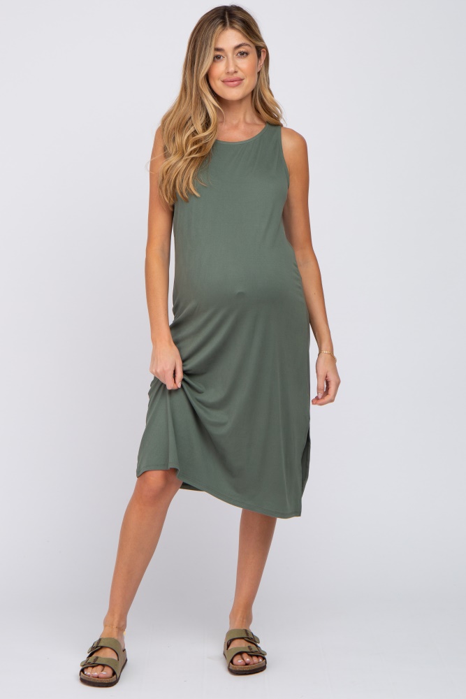 olive sleeveless maternity midi dress