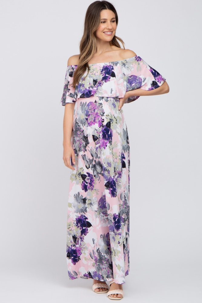 purple floral ruffle off shoulder maternity maxi dress