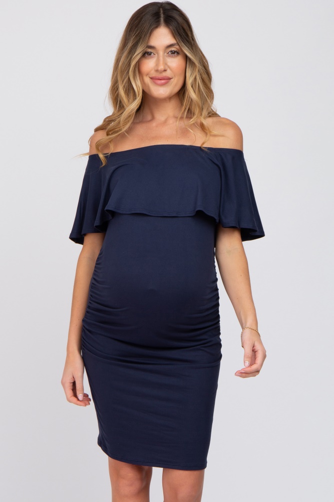 navy blue off shoulder fitted maternity dress