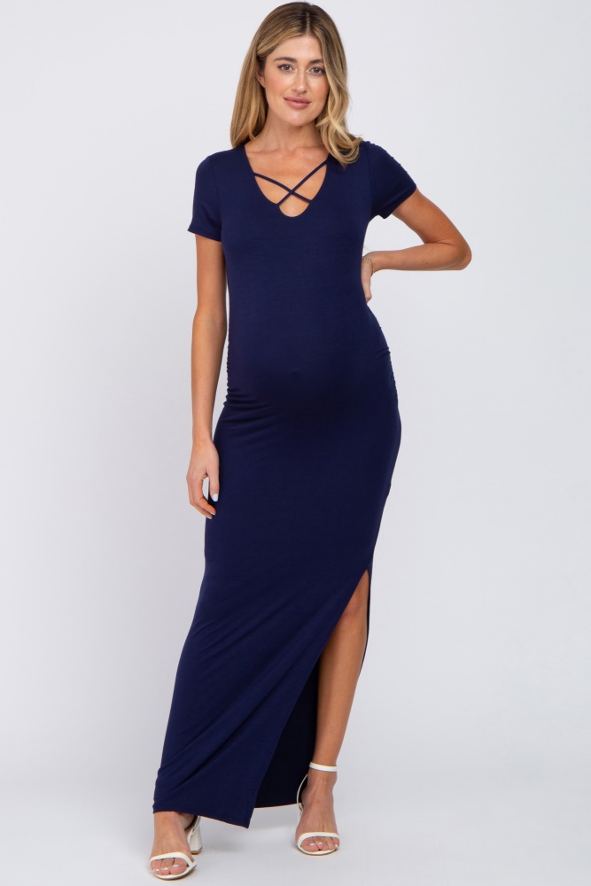 navy cross front ruched maternity maxi dress