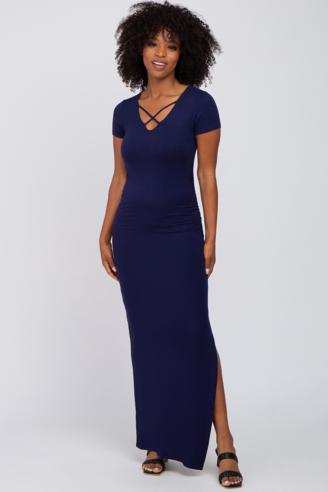 navy cross front ruched maxi dress