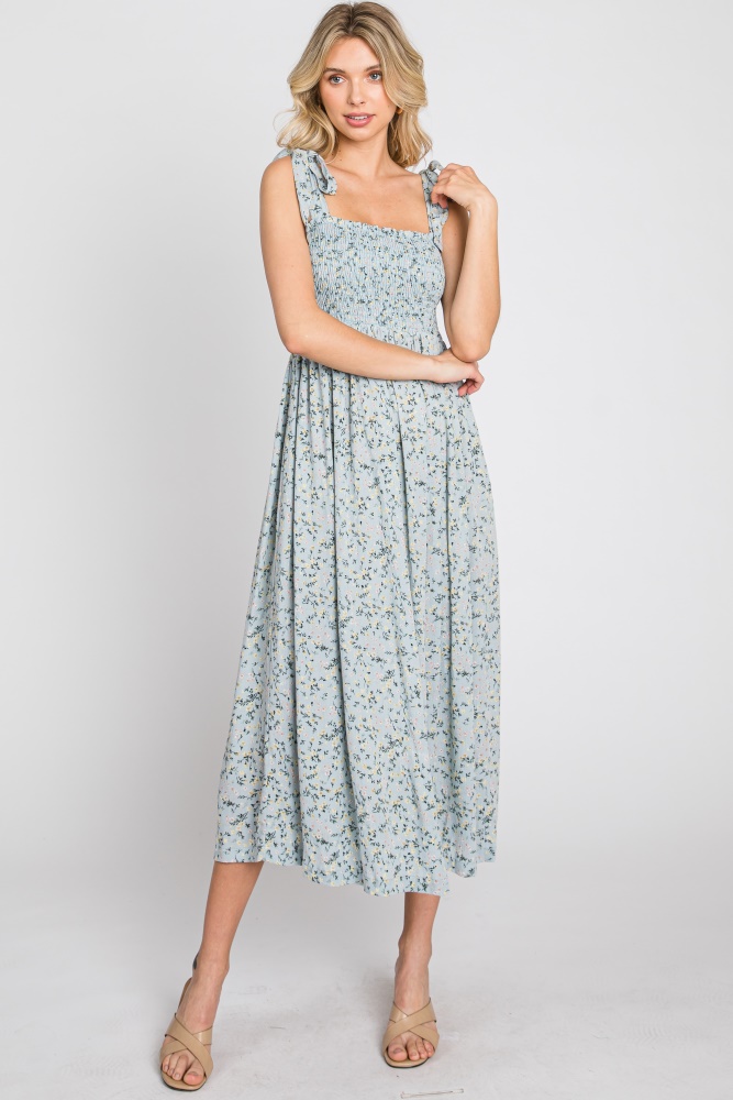 light blue floral smocked tie strap midi dress