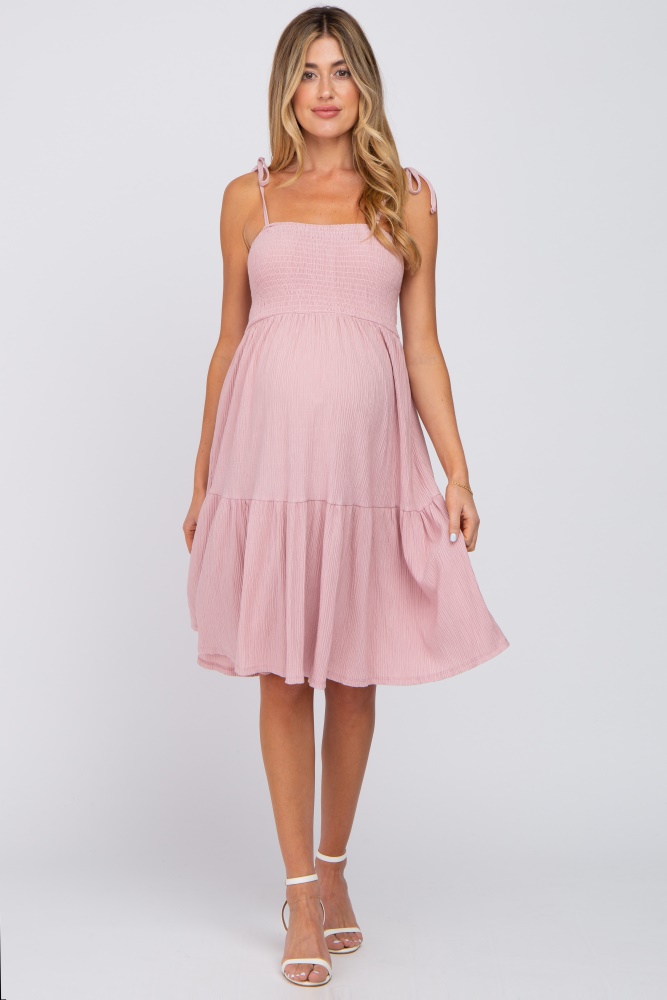 pink smocked shoulder tie maternity dress