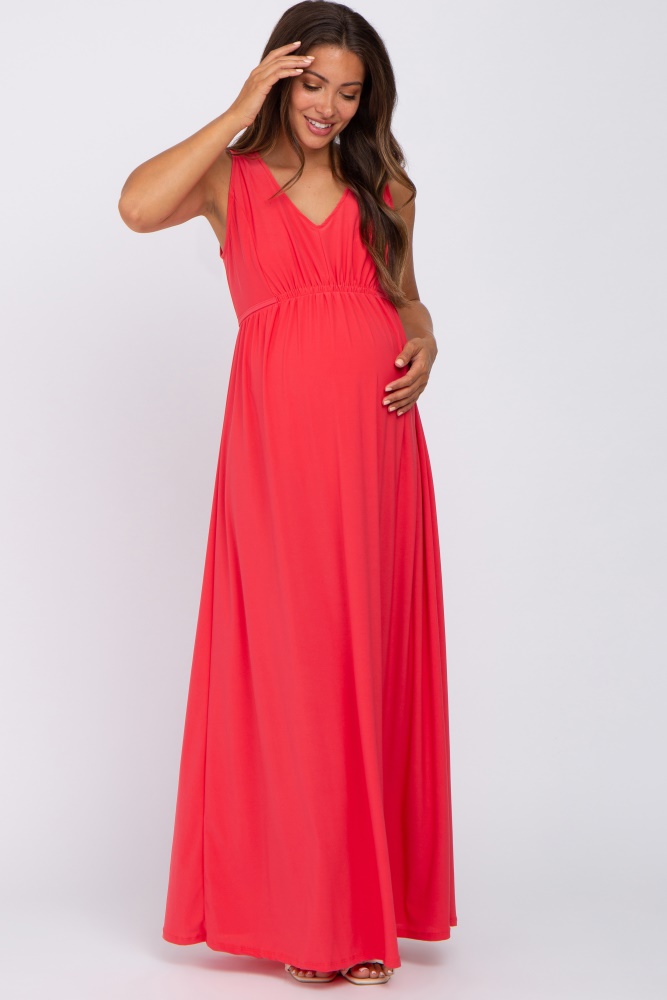 coral v-neck sleeveless maternity maxi dress