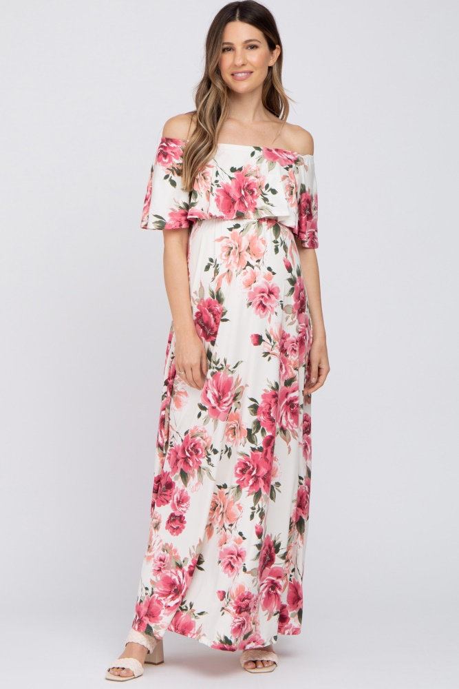 ivory floral off shoulder flounce maternity maxi dress