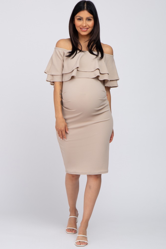 beige ruffle off shoulder ruched maternity dress