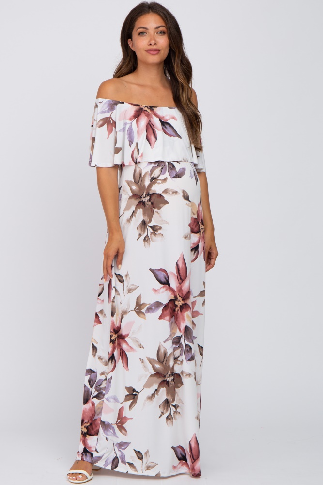 ivory floral off shoulder maternity maxi dress