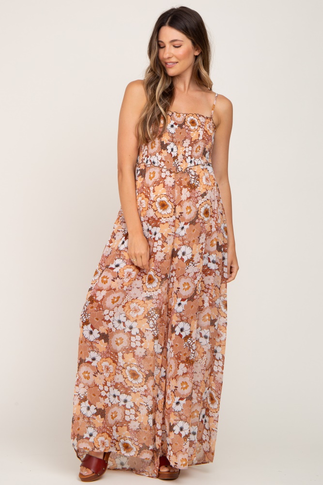 Camel Floral Sleeveless Maternity Jumpsuit