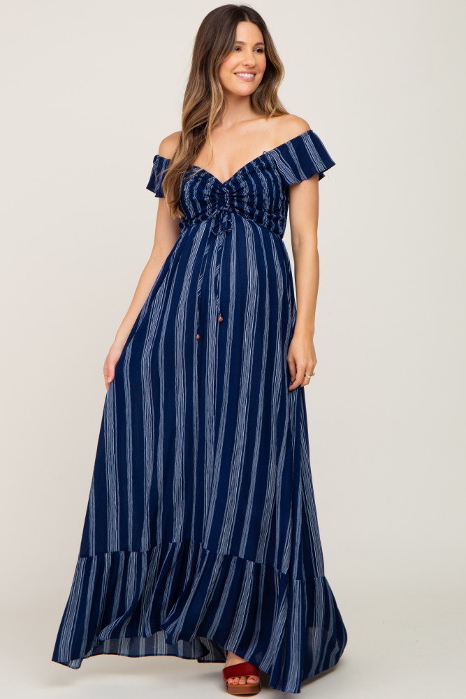 navy blue striped off shoulder front tie maternity maxi dress