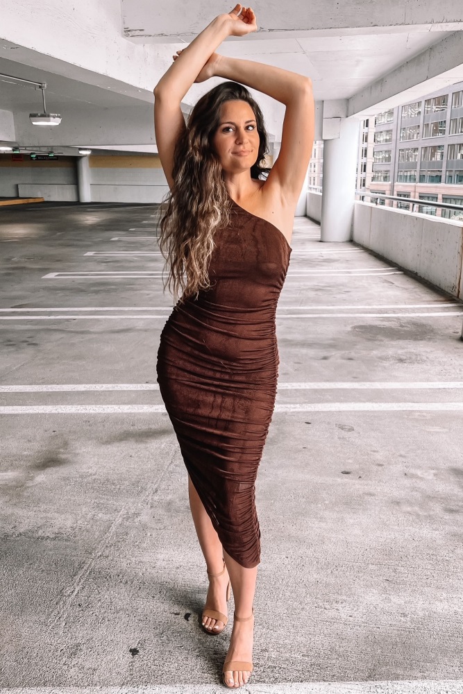 Brown One Shoulder Ruched Midi Dress  PinkBlush