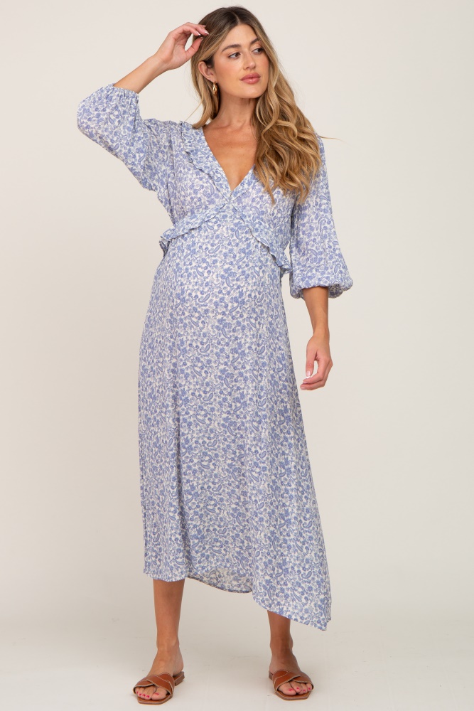 blue floral ruffle v-neck maternity midi dress