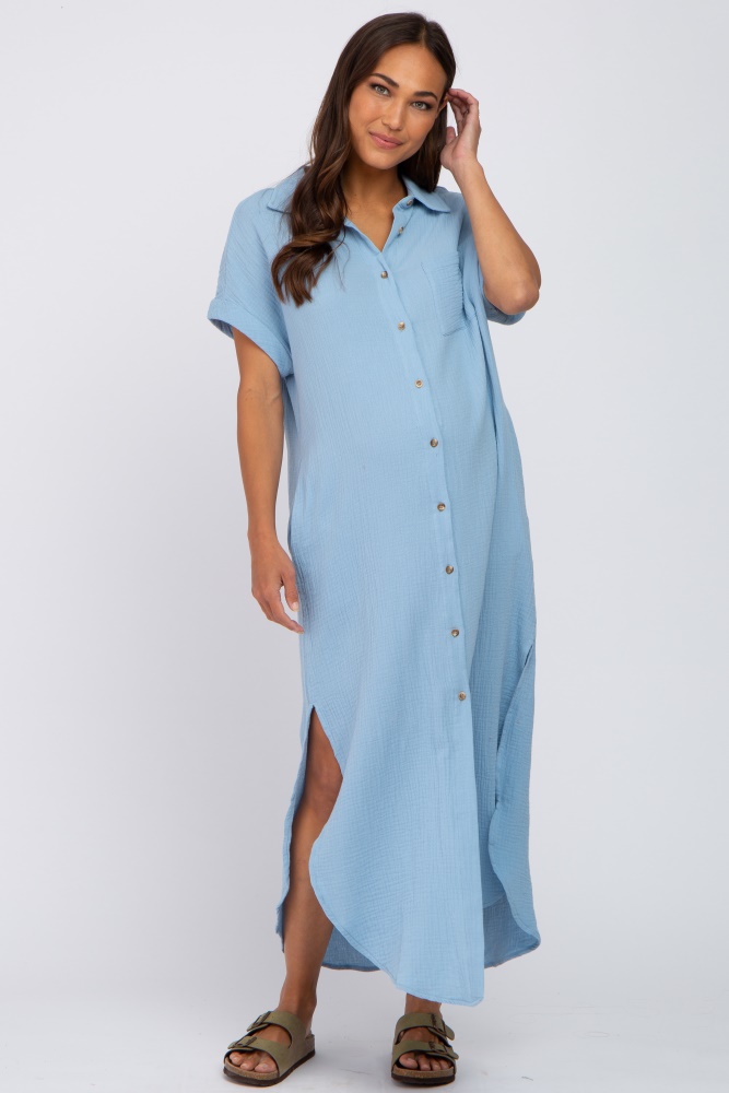 light blue button down maternity midi dress