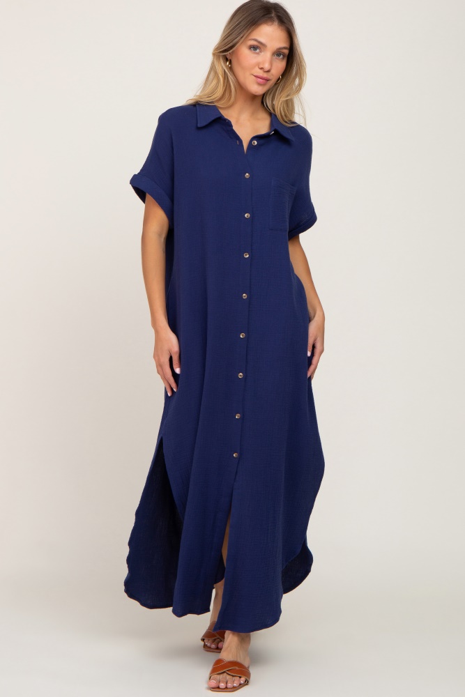 navy button down midi dress