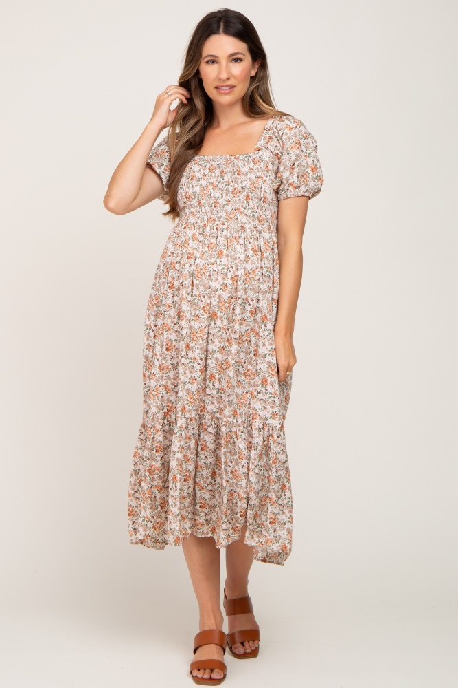 taupe floral smocked puff sleeve maternity midi dress