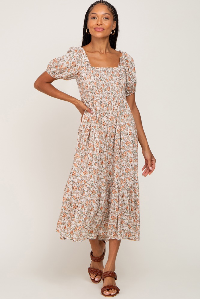 taupe floral smocked puff sleeve midi dress