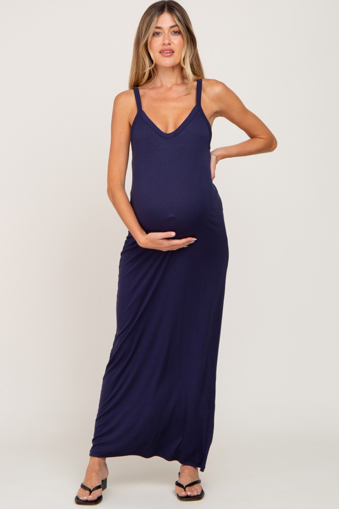 navy ribbed basic maternity maxi dress