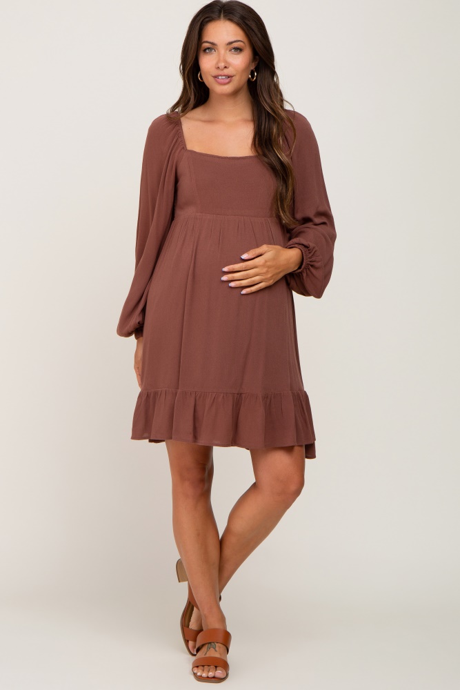 brown square neck puff long sleeve maternity dress