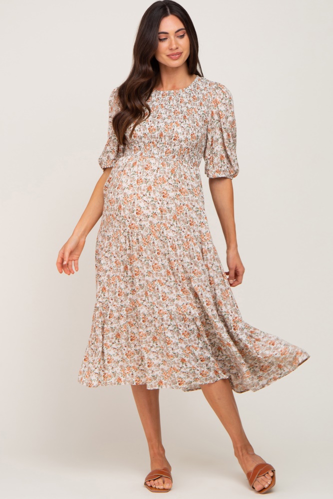 taupe floral smocked tiered maternity midi dress