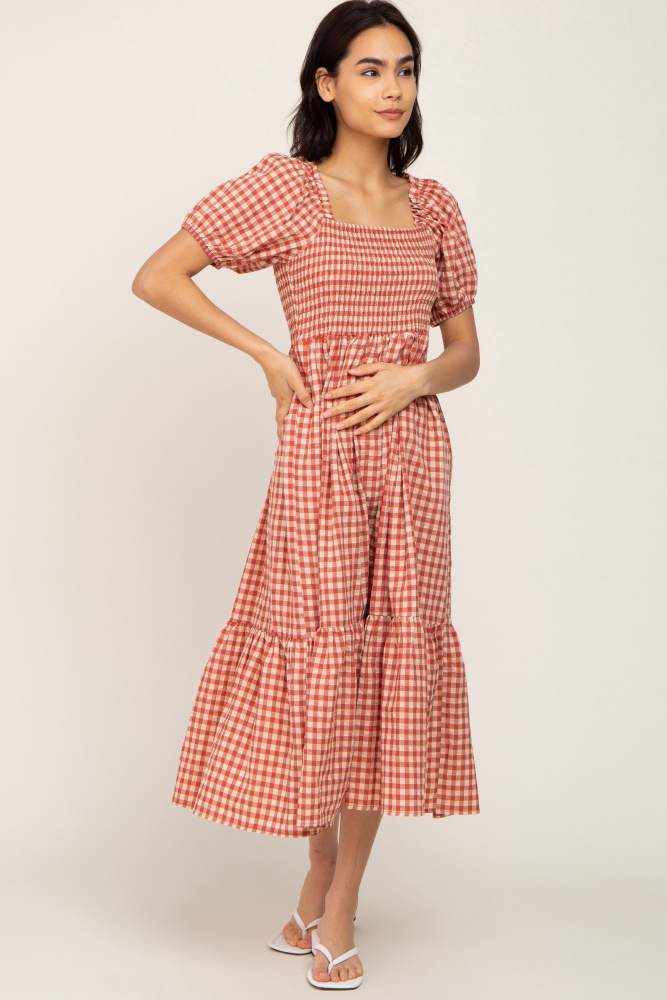 rust gingham smocked midi dress