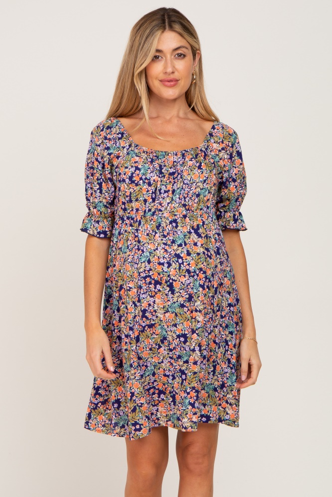 Navy Floral Cinched Short Sleeve Maternity Dress