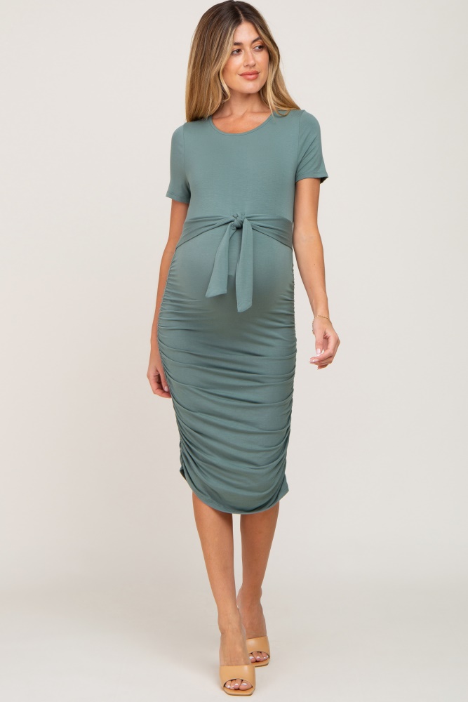 olive tie waist maternity dress