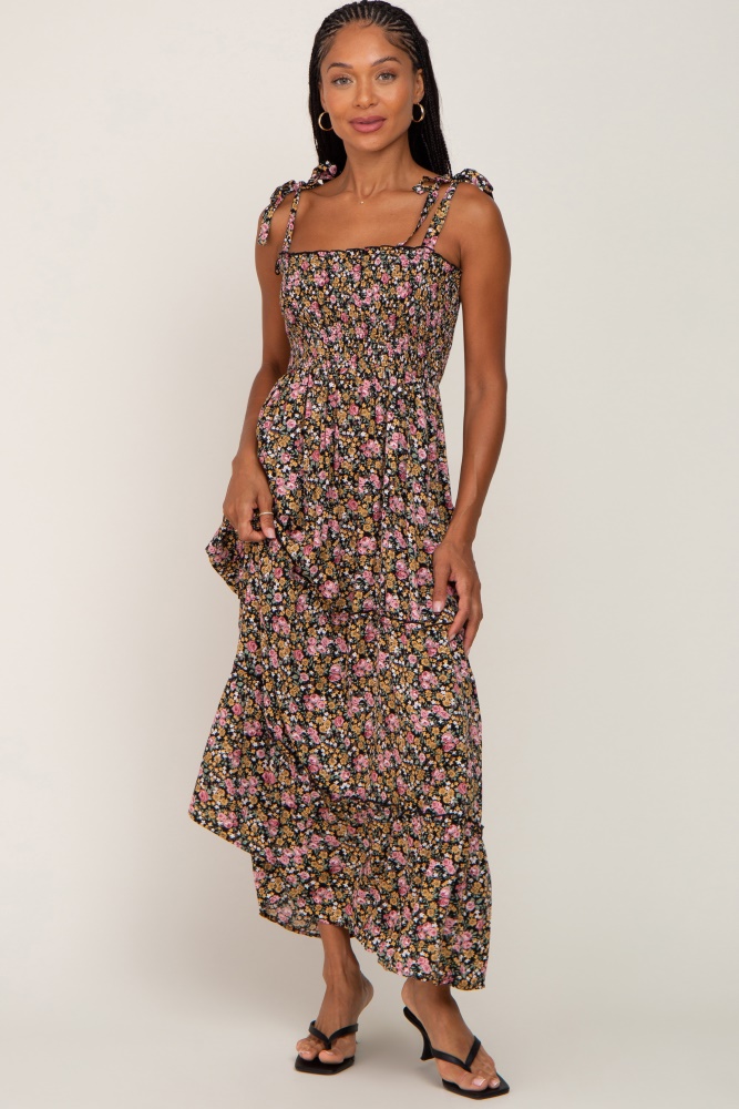 black multi-color floral sleeveless tiered maxi dress