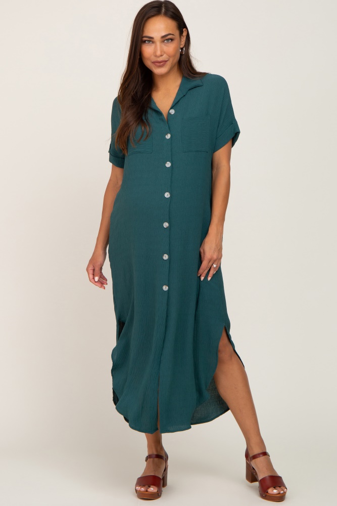 forest green button down hi low maternity maxi dress