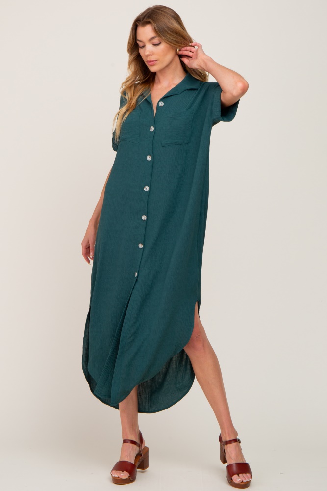 forest green button down hi low maxi dress