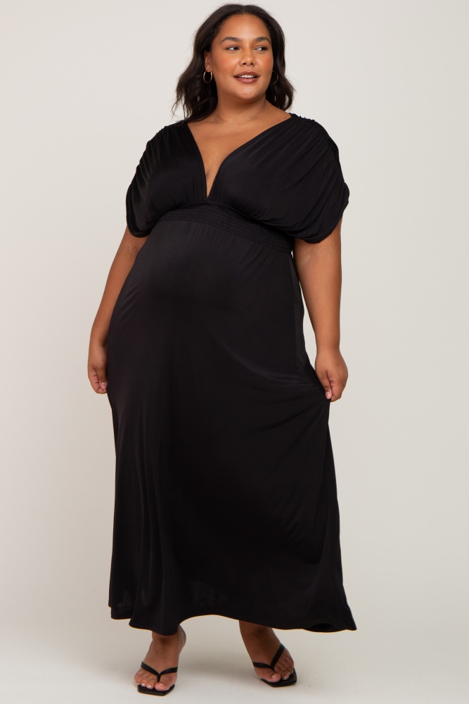 Black Draped Smocked Maternity Plus Maxi Dress