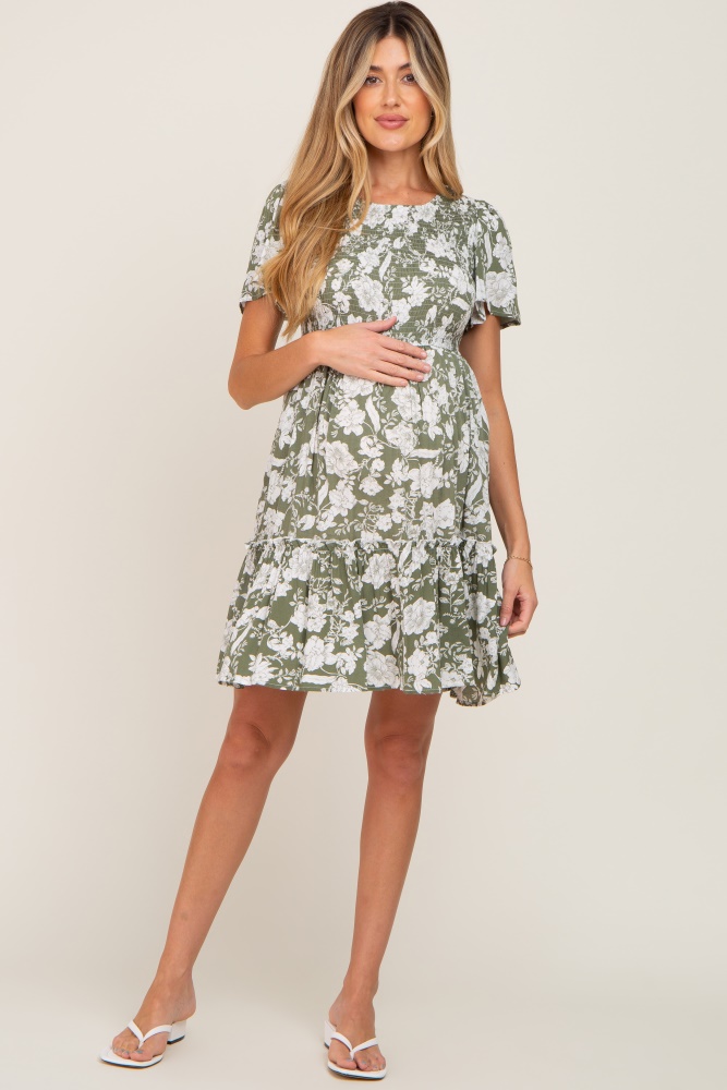 light olive floral smocked ruffle accent maternity dress