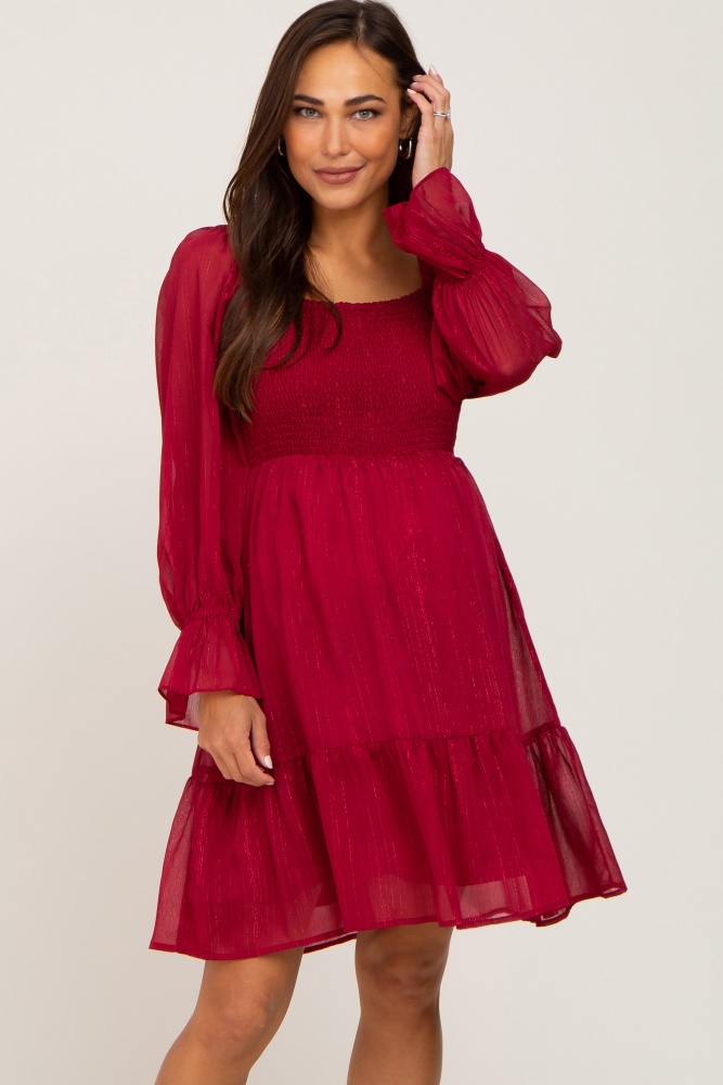 burgundy metallic stripe smocked maternity dress