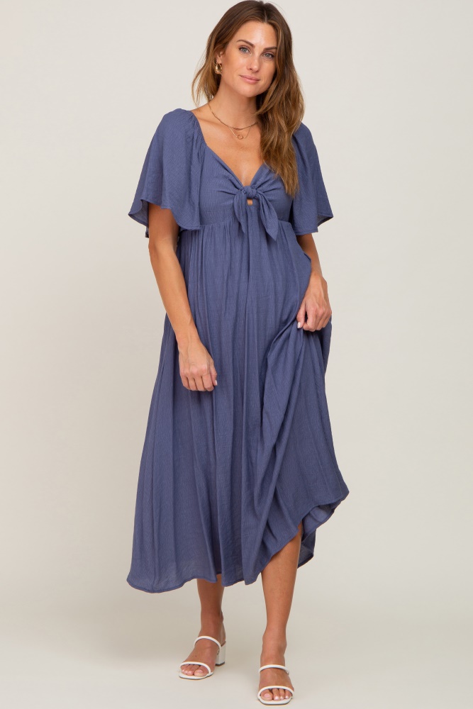 navy front tie ruffle sleeve midi dress