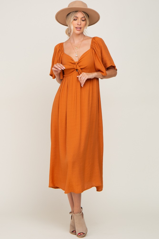 rust front tie ruffle sleeve midi dress