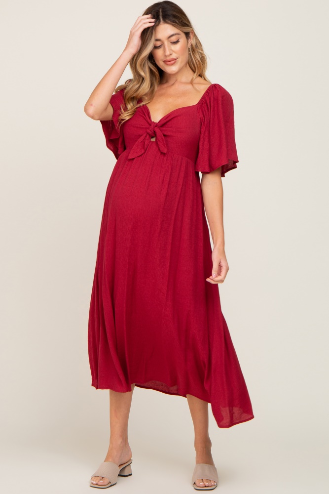 burgundy front tie ruffle sleeve maternity midi dress