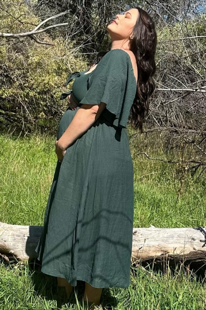 Hunter Green Front Tie Ruffle Sleeve Maternity Midi Dress PinkBlush Hunter Green Front Tie Ruffle Sleeve Maternity Midi Dress PinkBlush