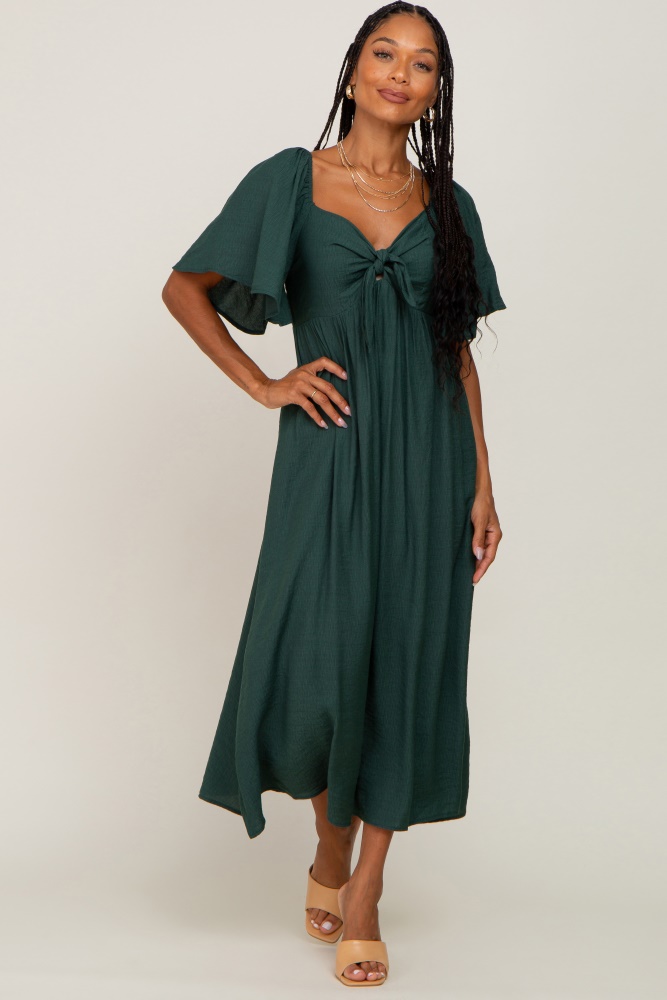 hunter green front tie ruffle sleeve midi dress