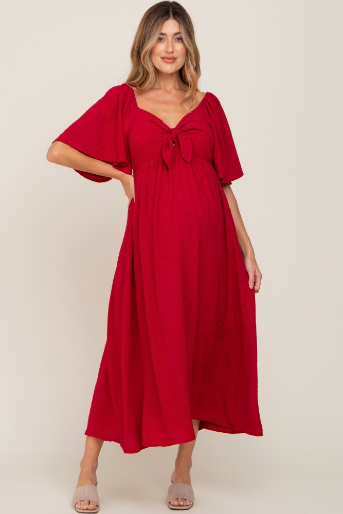 burgundy textured dot front tie ruffle sleeve maternity midi dress