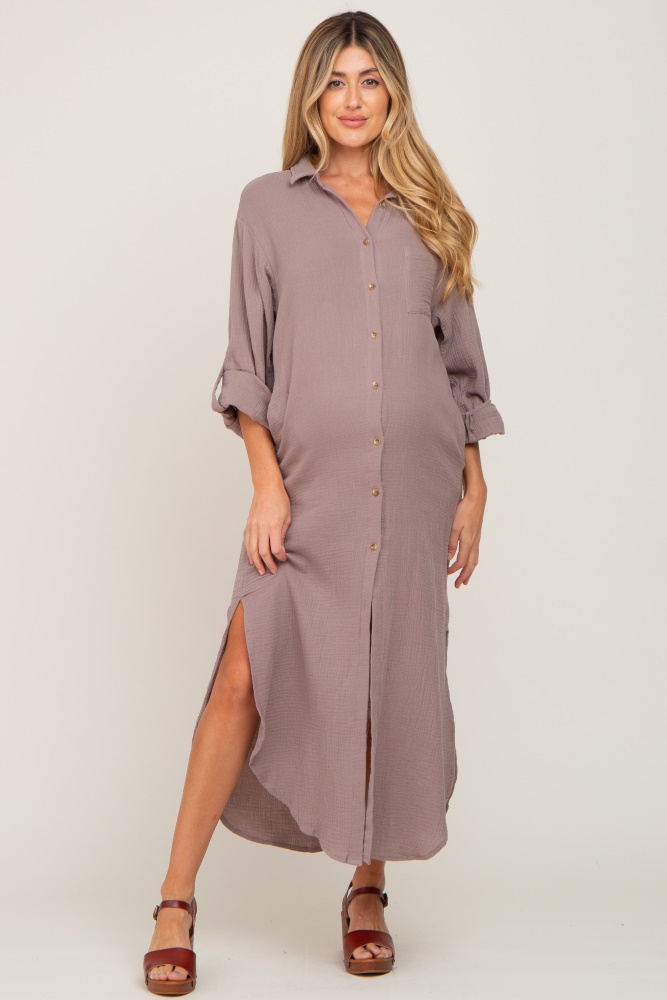 taupe button down 3/4 sleeve maternity midi dress