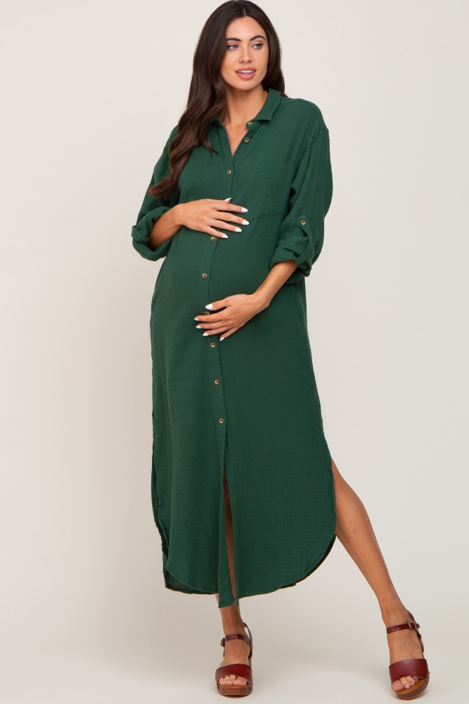 forest green button down 3/4 sleeve maternity midi dress