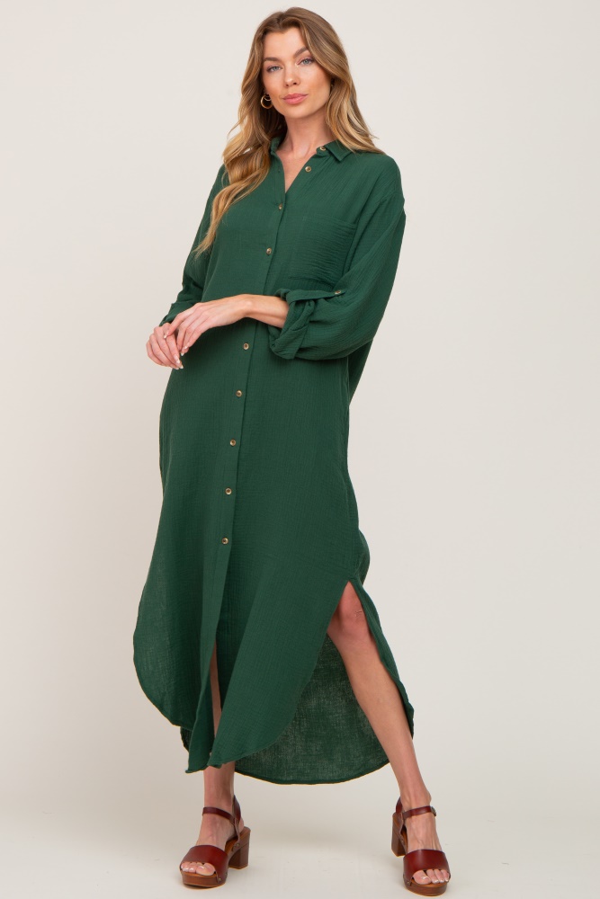 forest green button down 3/4 sleeve midi dress